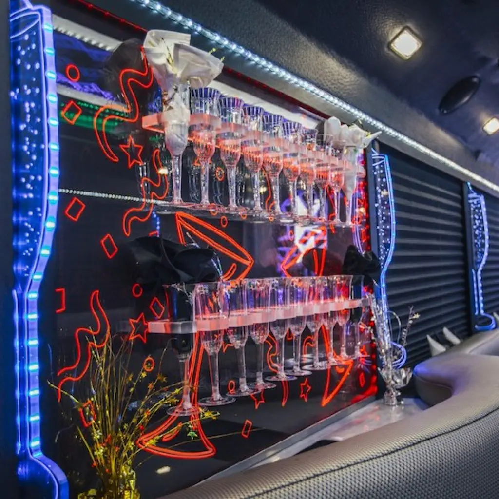 Drink Glasses in 36-Passenger Limo Bus